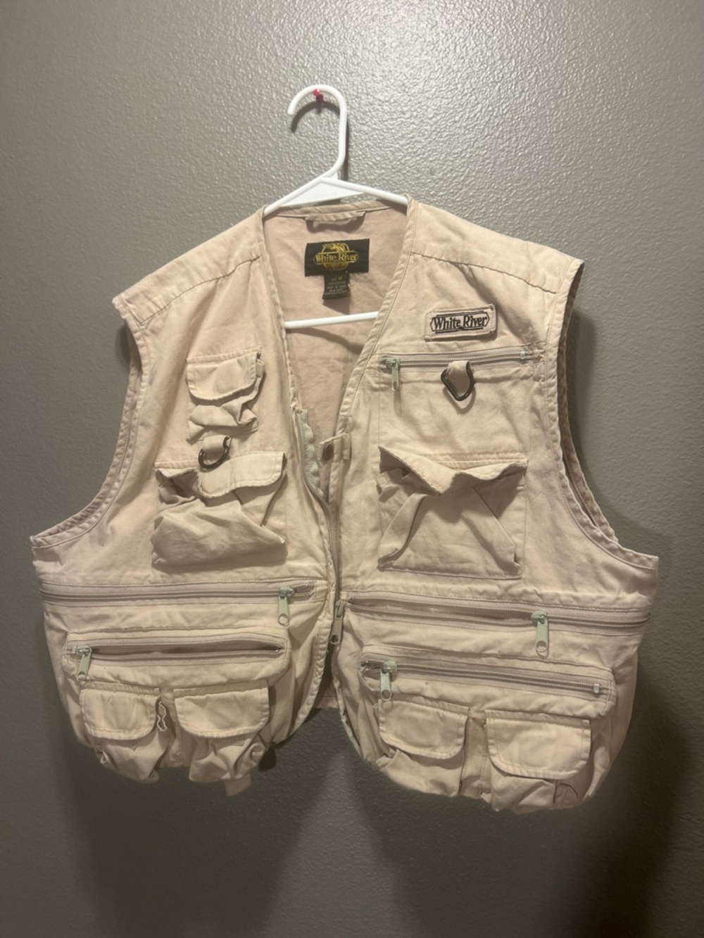 White River Fishing Vest Mens M Khaki Cotton Utility Gorpcore READ Zipper Repair